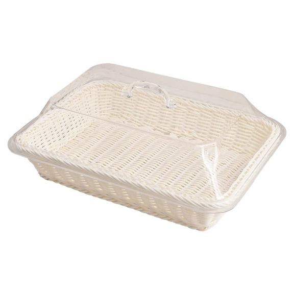Solivara Rectangular Imitation Rattan Bread Basket With Acrylic Lid For Kitchen Counter Storage(White,13.78*13.78in)