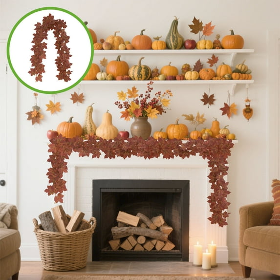 Solive 2PC Artificial Fall Leaf Garland Rattan Hanging Pumpkin Maple Leaf for Halloween Thanksgiving Fireplace Decorations Indoor Home Christmas Party Decor Orange