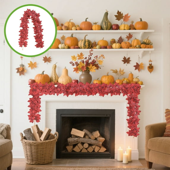 Solive 2PC Artificial Fall Leaf Garland Rattan Hanging Pumpkin Maple Leaf for Halloween Thanksgiving Fireplace Decorations Indoor Home Christmas Party Decor Orange