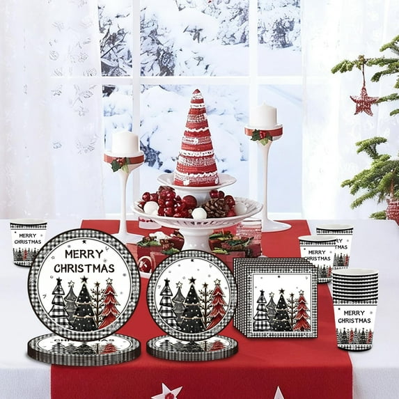 Solive Christmas Decorations Black White Christmas Tree Theme Party 7-inchs 9-inchs Paper Plates Paper Cups Tissue Set Party-Themed Holiday Wedding Anniversary Decor