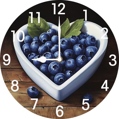 Soliyoahee Blueberry Clock 10inch Round Wooden Wall Clock Bathroom Decoration Silent No Tick Battery Powered Suitable for Bathroom Kitchen Living Room Bedroom
