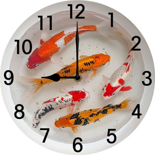 Soliyoahee Goldfish Clock 10inch Wooden Round Wall Clock Home Decor Silent No Tick Battery Powered for Living Room Bedroom Kitchen Farmhouse
