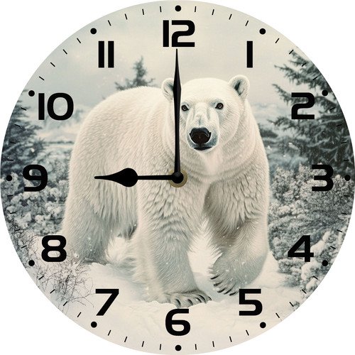 Soliyoahee Polar Bear Wall Clock 10inch Wooden Round Clock Living Room Decoration Silent No Ticking Sound Battery Powered for Living Room Kitchen Bathroom Office