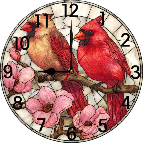 Soliyoahee Red Cardinal Bird Wall Clock 10inch Wooden Round Bathroom Decorative Clock Silent No Ticking Battery Operatedfor Bathroom Kitchen Living Room Bedroom Wall Decor (Style 5)