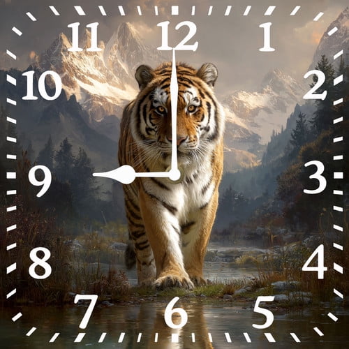 Soliyoahee Tiger Clock 10inch Square Wooden Bathroom Wall Clock Silent No Tick Battery Powered for Bathroom Living Room Kitchen Office (Style 3)