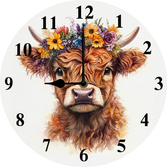 Soliyoahee Wall Clocks Cute Highland Cow Wall Clocks Flower Watercolor Battery Operated Wall Clock Silent Non-Ticking Decorative for Home Kitchen Bathroom Living Room Bedroom Office 10inch