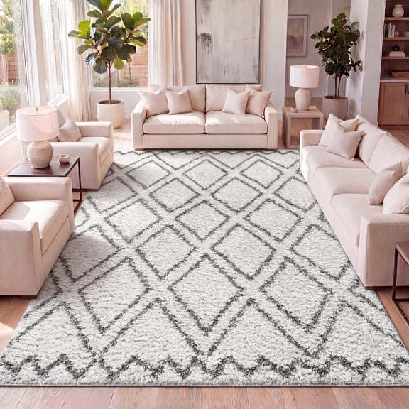 JONATHAN Y LONDON SHAG 5 x 8 Area Rug, Soller Diamond Trellis - Beige/Dark Gray, SHG103A-5