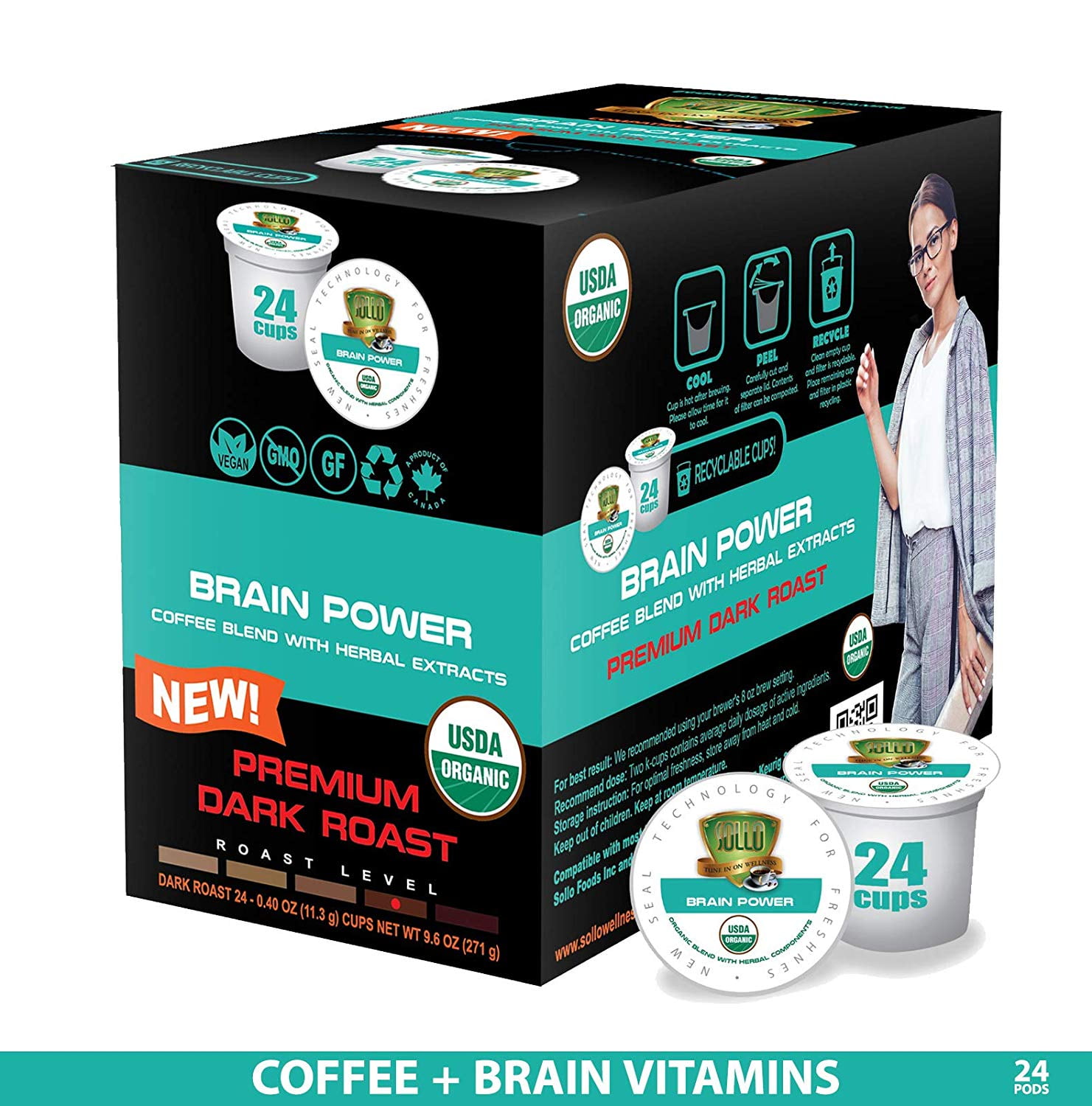 SOLLO Brain Power Coffee Pods MCT, Acai & Vitamins B1, B5, B6, B9, B12, D3 Nootropic Brain Booster - Improves Memory & Focus Compatible with 2.0 K-Cup Keurig Brewers, 24 Count