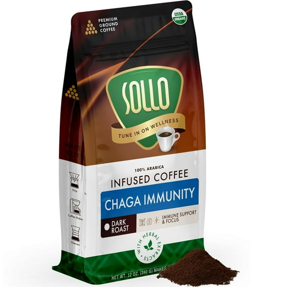 Sollo Chaga Mushroom Ground Coffee, Dark Roast, 340g