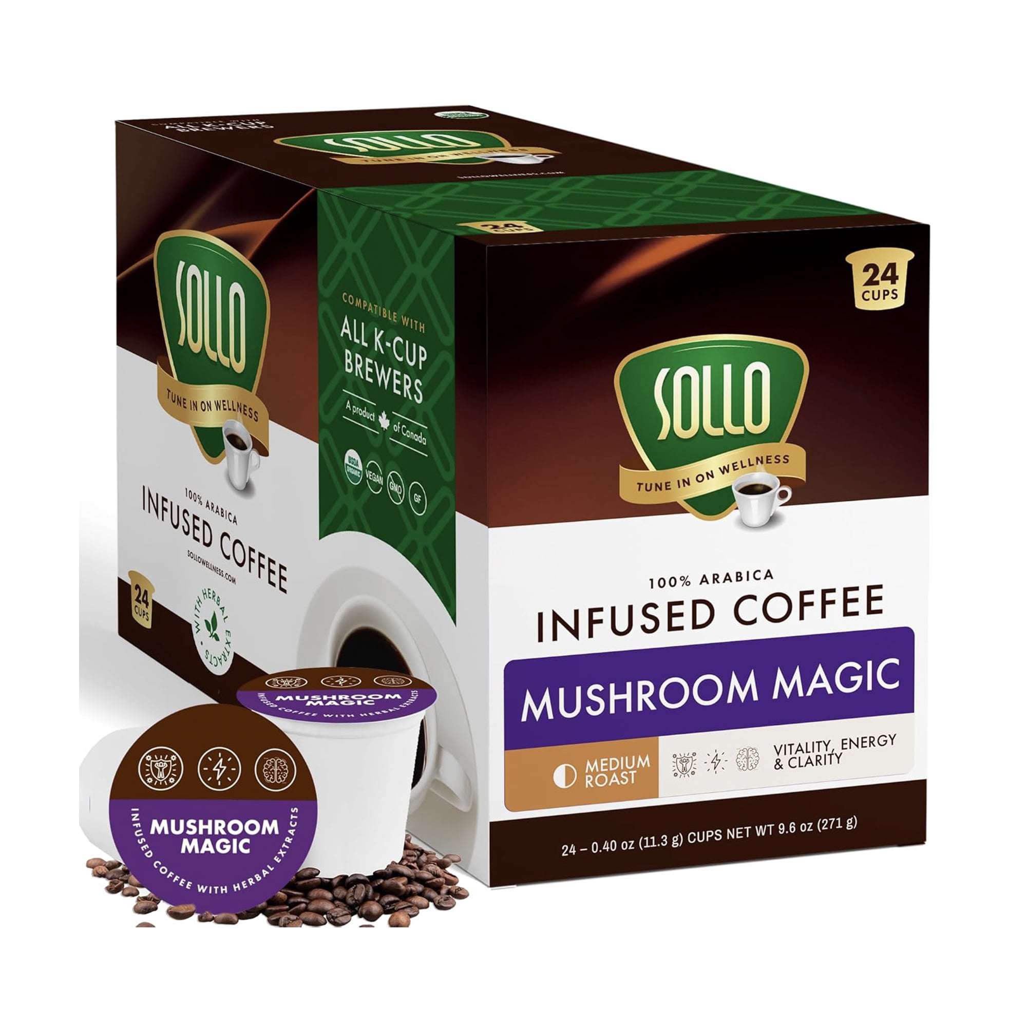 Sollo Infused Super 6 Mushroom Blend, Coffee Pods – 100% Arabica Medium Roast with 6 Functional Mushrooms & B-Vitamins – Lion’s Mane, Chaga, Reishi, Cordyceps, Turkey Tail, Oyster – 24 K-Cups