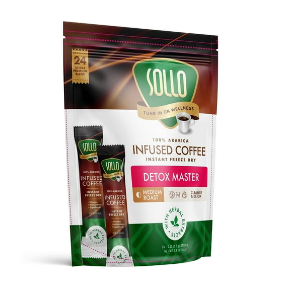 Sollo Instant Detox Coffee Packets, for Healthy Body Support, Medium Roast, 100% Arabica & Freeze Dried Coffee in Single Serve Sticks, 24 Ct