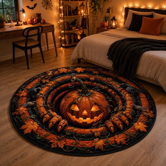 Solmark Halloween Pumpkin 3D Illusion Round Rug - Jack O’Lantern Pit ...