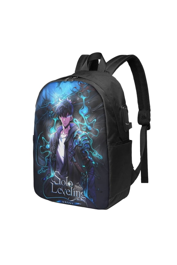 Solo Anime Leveling USB Backpack, Water Resistant Casual Daypack Fits Laptop With Usb Charging Port,17 In Bookbag