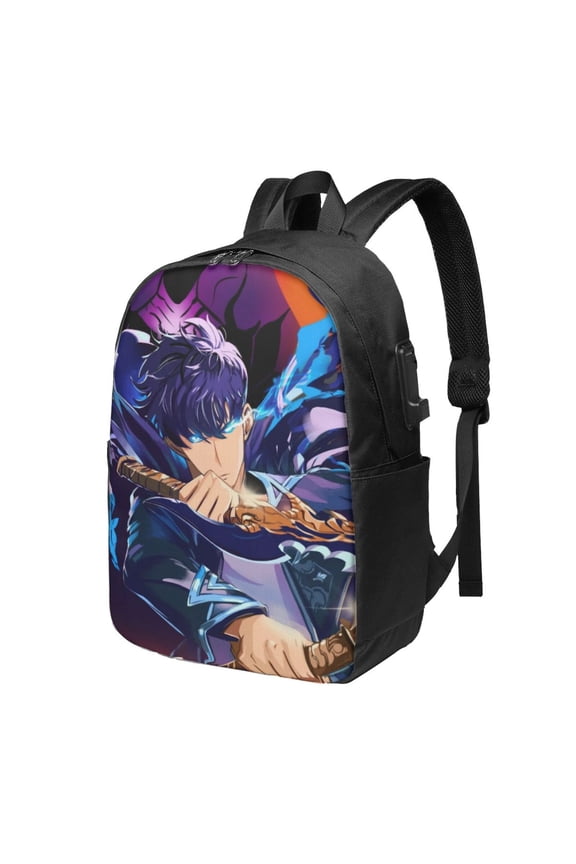 Solo Anime Leveling USB Backpack, Water Resistant Casual Daypack Fits Laptop With Usb Charging Port,17 In Bookbag