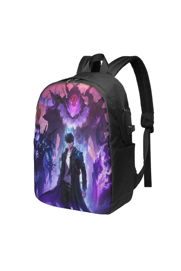Solo Anime Leveling USB Backpack, Water Resistant Casual Daypack Fits Laptop With Usb Charging Port,17 In Bookbag