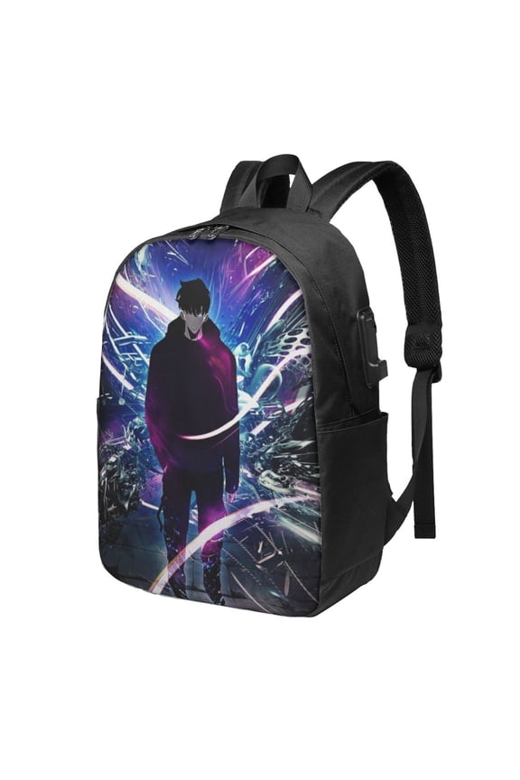 Solo Anime Leveling USB Backpack, Water Resistant Casual Daypack Fits Laptop With Usb Charging Port,17 In Bookbag