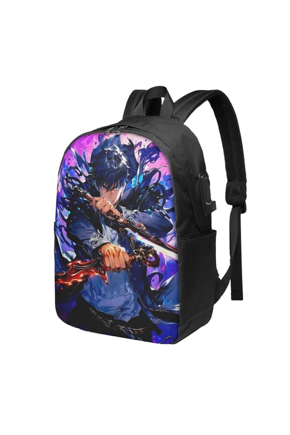 Solo Anime Leveling USB Backpack, Water Resistant Casual Daypack Fits Laptop With Usb Charging Port,17 In Bookbag