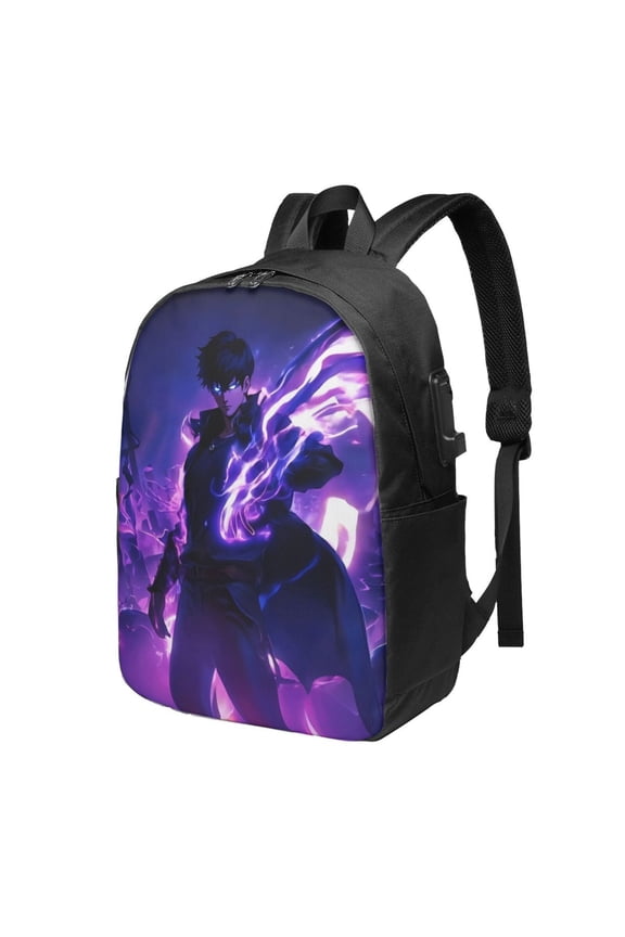 Solo Anime Leveling USB Backpack, Water Resistant Casual Daypack Fits Laptop With Usb Charging Port,17 In Bookbag