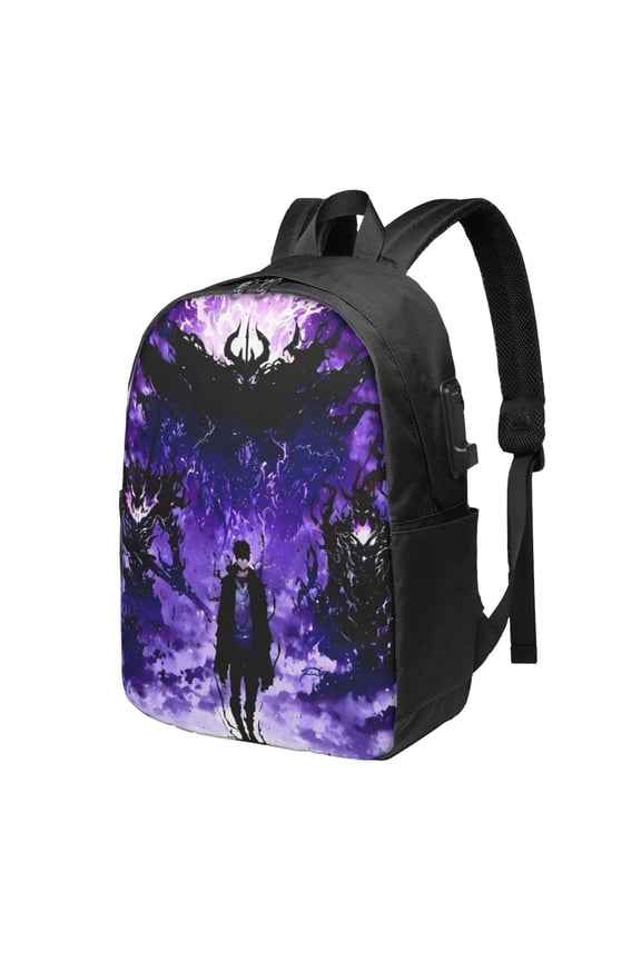 Solo Anime Leveling USB Backpack, Water Resistant Casual Daypack Fits Laptop With Usb Charging Port,17 In Bookbag