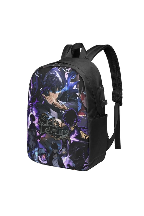Solo Anime Leveling USB Backpack, Water Resistant Casual Daypack Fits Laptop With Usb Charging Port,17 In Bookbag