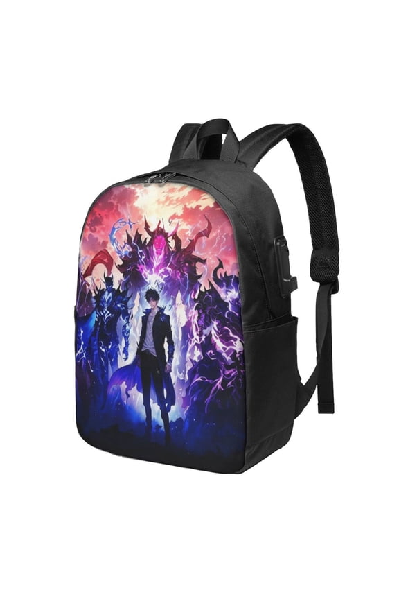 Solo Anime Leveling USB Backpack, Water Resistant Casual Daypack Fits Laptop With Usb Charging Port,17 In Bookbag