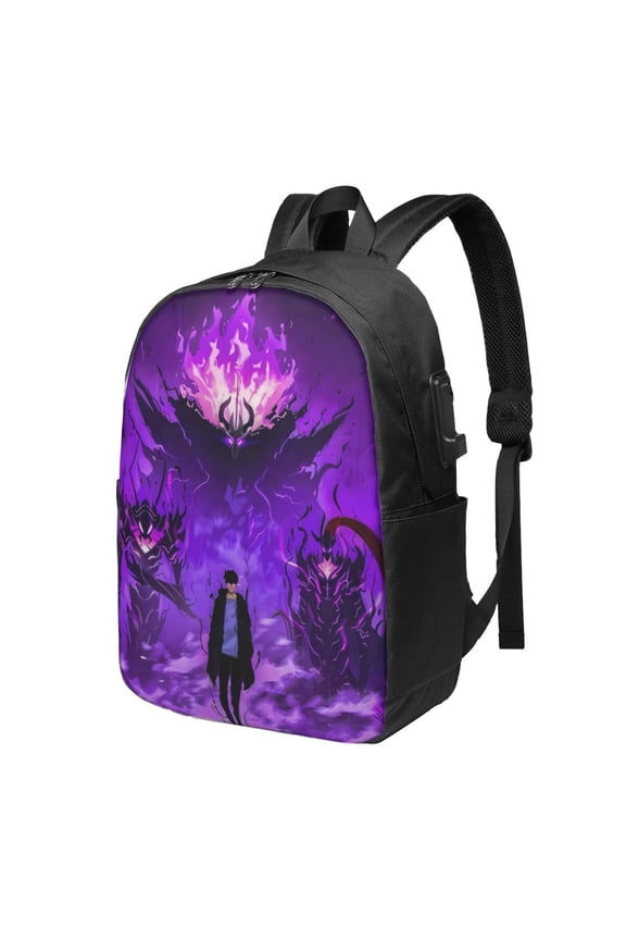 Solo Anime Leveling USB Backpack, Water Resistant Casual Daypack Fits Laptop With Usb Charging Port,17 In Bookbag