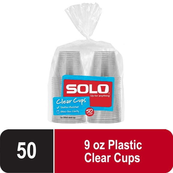 Solo Party Disposable Plastic Cups, Clear, 9 oz, 50 Count