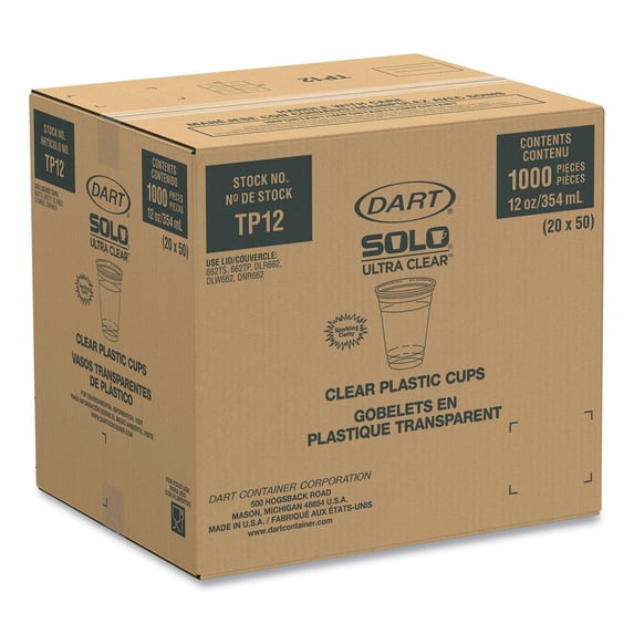 Dart Ultra Clear Cups, Squat, 12-14 oz, PET, 50/Bag, 1000/Carton -DCCTP12CT