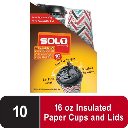 Solo Disposable Paper Hot Cups with Reclosable Lid, 16oz, 10 Count