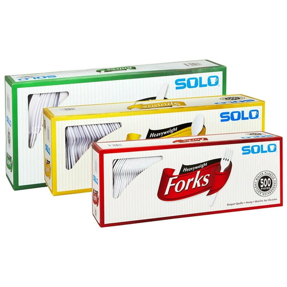 Solo Heavyweight Plastic Fork, Knife, Spoon, Set Bundle White, 500 ct