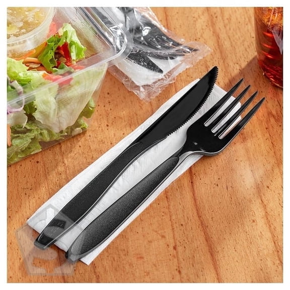 Solo Impress Heavy Weight Black Wrapped Plastic Cutlery Set with Fork, Knife, and Napkin - 250/Case