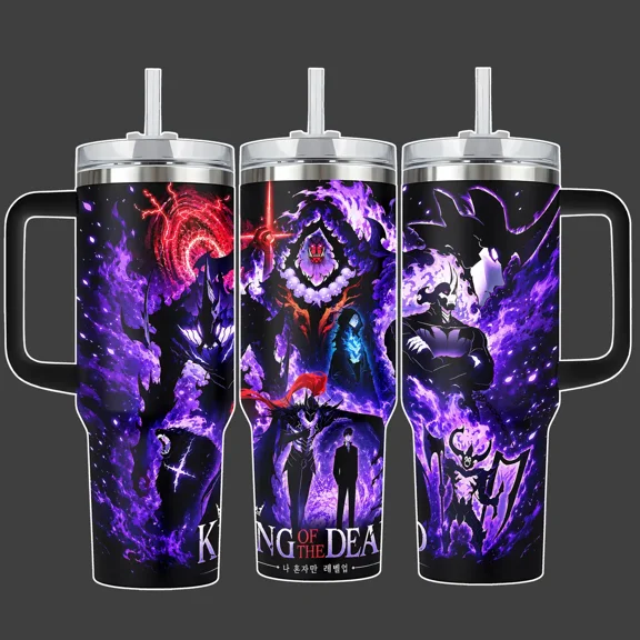 Solo Leveling Shadow Army King of the Dead Purple Flame Anime Tumbler Cup, Black Full Wrap Stainless Steel Insulated /40oz With Straw Lid Included, 40oz Handle Option