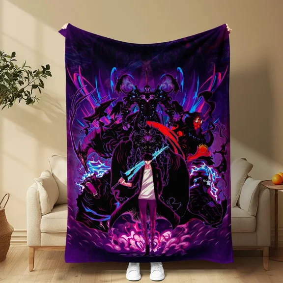 Solo Leveling Sung Jin Woo Flannel Throw Blanket, Dark Shadow Monarch Anime Graphic Print Decorative Blanket, Soft Lightweight Cozy Sofa Bed Blanket, Anime Fan Home Decor Gift