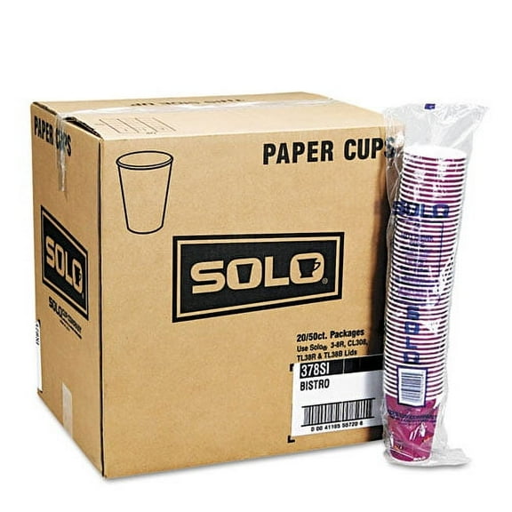 Solo Paper Hot Drink Cups In Bistro Design, 12 Oz, Maroon, 50/bag, 20 Bags/carton | Bundle of 10 Cartons
