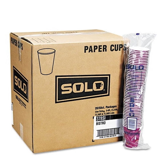 Solo Paper Hot Drink Cups In Bistro Design, 12 Oz, Maroon, 50/bag, 20 Bags/carton | Bundle of 5 Cartons