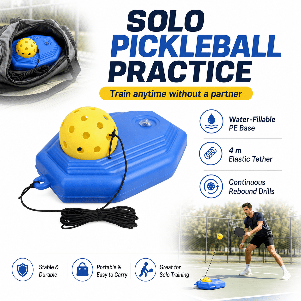 Solo Pickleball Rebound Trainer with Water-Fillable Base, 13.1 ft Elastic Tether and 74mm Practice Ball, Portable Pickleball Training Aid for Backyard and Indoor Practice, Blue