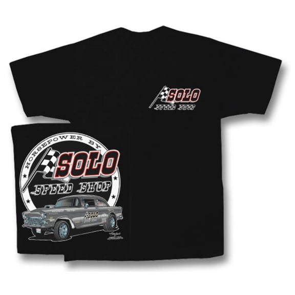 Solo Speed Shop 55 Chevy Gasser Mens Black T shirt Drag Racing Hot Rods