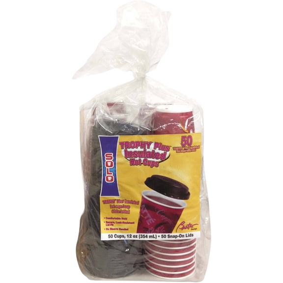 Solo Trophy Plus 12 Oz Insulated Hot Cups with Snap-on Lids, Maroon, 300 count