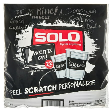 Solo 'Write on' Disposable Plastic Cups, Printed, 18oz, 22 Count