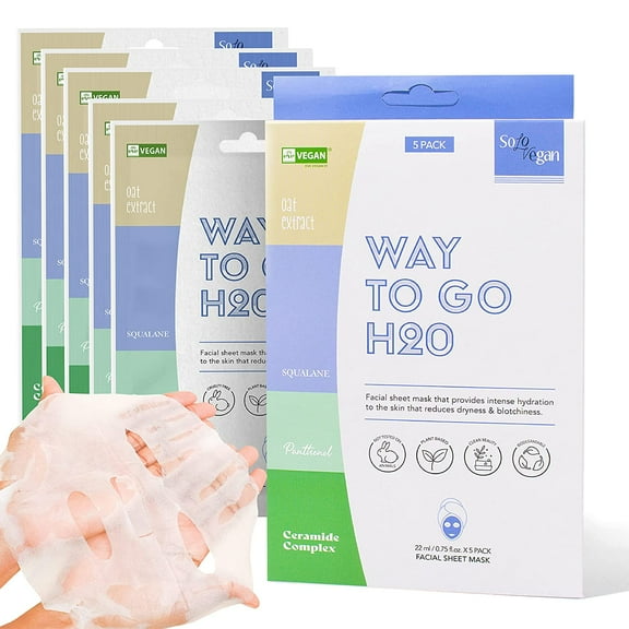 SoloVegan 5 Pack Facial Sheet Masks, Way To Go H2O - Intense Hydration, Reducing Dryness & blotchiness (Way To Go H2O)