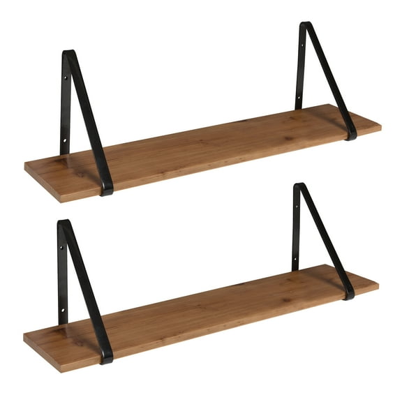 Soloman Wooden Shelves with Simple Metal Brackets, Rustic Brown and Black, 2 Piece Set