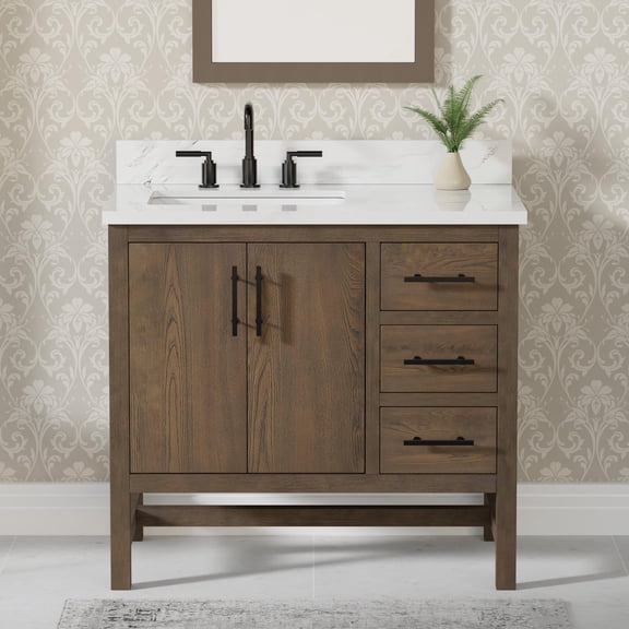 Solon 30" Single Bathroom Vanity, 31" W x 22" D x 34.5" H, Calacatta Sintered Stone Top with Sink & Backsplash, Dark Brown, Solid Wood, Pre-Assembled, 2 Soft-Closing Doors, Adjustable Feet.