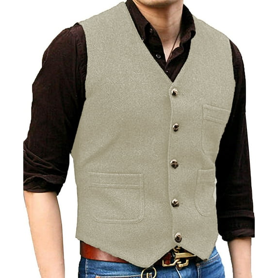 Solovedress Hunting Tweed Waistcoats Mens Herringbone Suit's Vest Wedding Vintage Wool Retro Travel Slim(Champagne,XL)