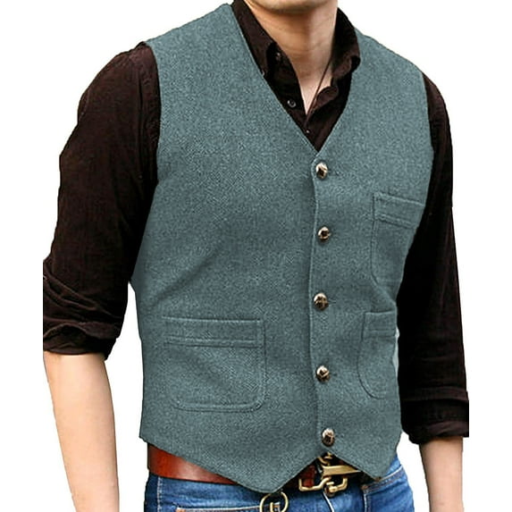 Solovedress Hunting Tweed Waistcoats Mens Herringbone Suit's Vest Wedding Vintage Wool Retro Travel Slim(Light Navy,S)
