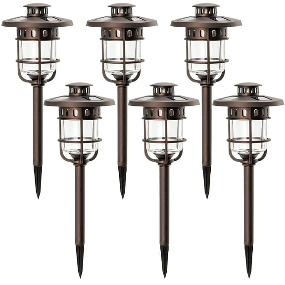 Solpex Solar Path Lights Outdoor, Glass and Bronze Finished, 2 Bright LEDs per Light, Waterproof Automatic Solar Lights Outdoor for Patio, Yard, Lawn, Garden and Landscape-Warm White (6 Pack)