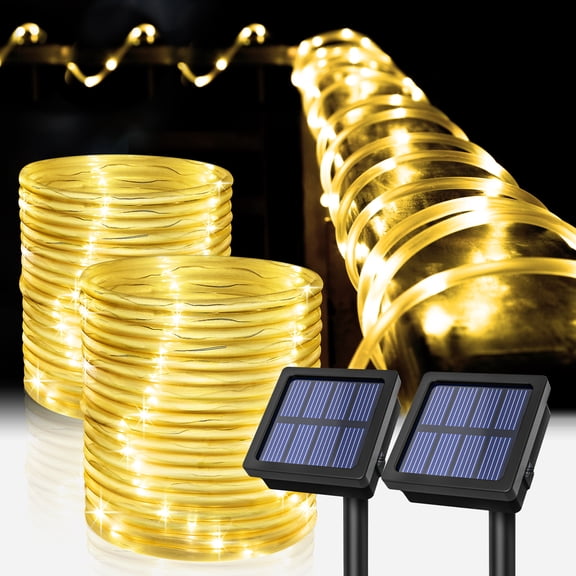 Solpex Solar String Lights Outdoor Rope Lights, 2 Pack Solar Powered Outdoor Waterproof Tube Light with 100 LED, 35.7 feet 8 Modes Copper Wire Fairy Lights for Garden Fence Patio Yard (Warm White)