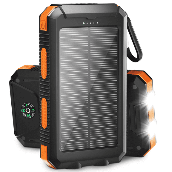 Solpowben 20000mAh Solar Power Bank, Dual USB Portable Charger with 2 Flashlight & Compass Battery Pack for Outdoor Camping Hiking (Orange)