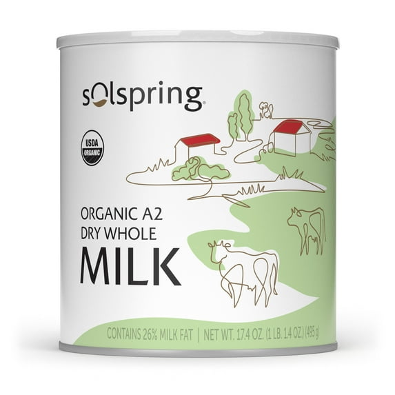 Solspring Organic A2 Dry Whole Milk, 15 Servings, 17.4 Oz. (495 g), Contains 26% Milk Fat, Gluten Free, Soy Free, Certified USDA Organic, Dr. Mercola