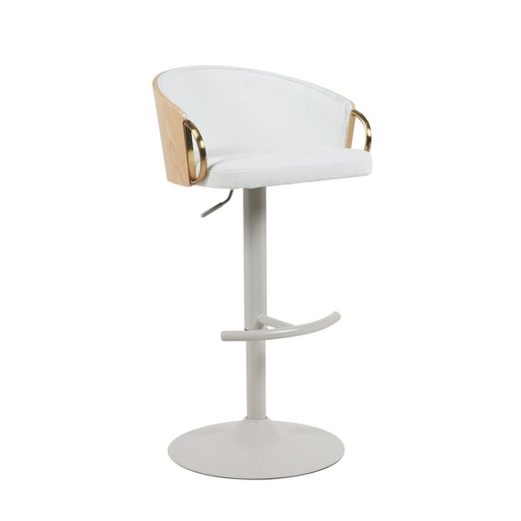 Solstice Modern Adjustable Swivel Barstool in Ivory Finish with White Upholstered Seat, Patterned Oak Wood Accents
