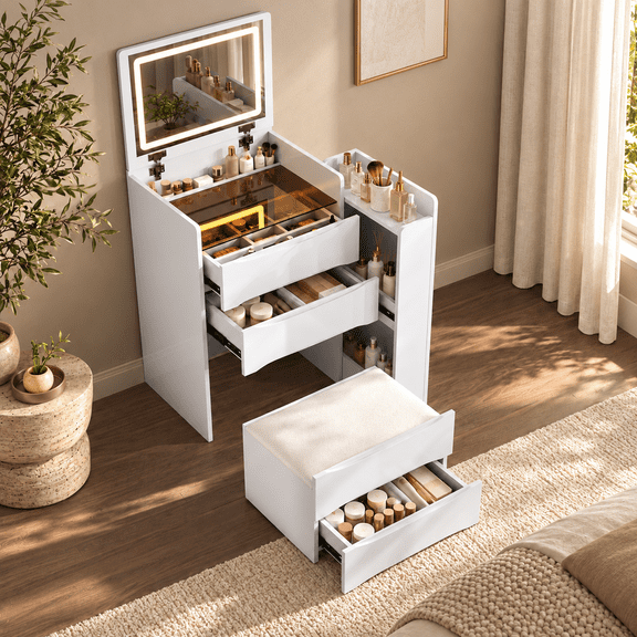 Solterielle Small Makeup Vanity Desk with Mirror and Lights, 3-in-1 Folding Vanity with Chair, 3 Drawers & Storage Stool, Compact Vanity Desk for Bedroom Small Spaces, White